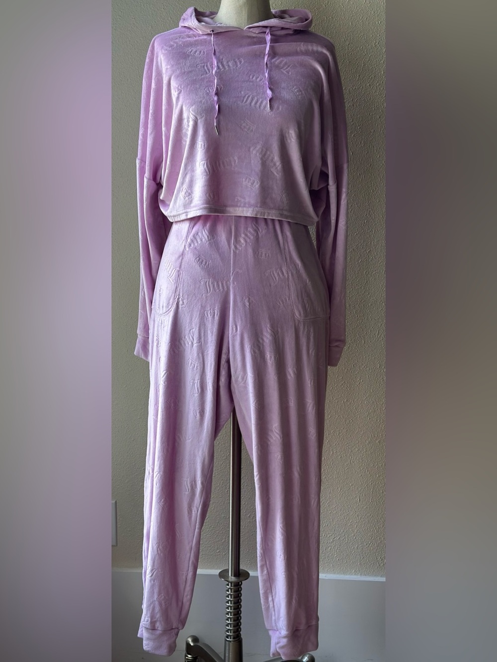 Juicy Couture Velour Tracksuit Set Lilac Pink Embossed Logo Crop Hoodie Pants M